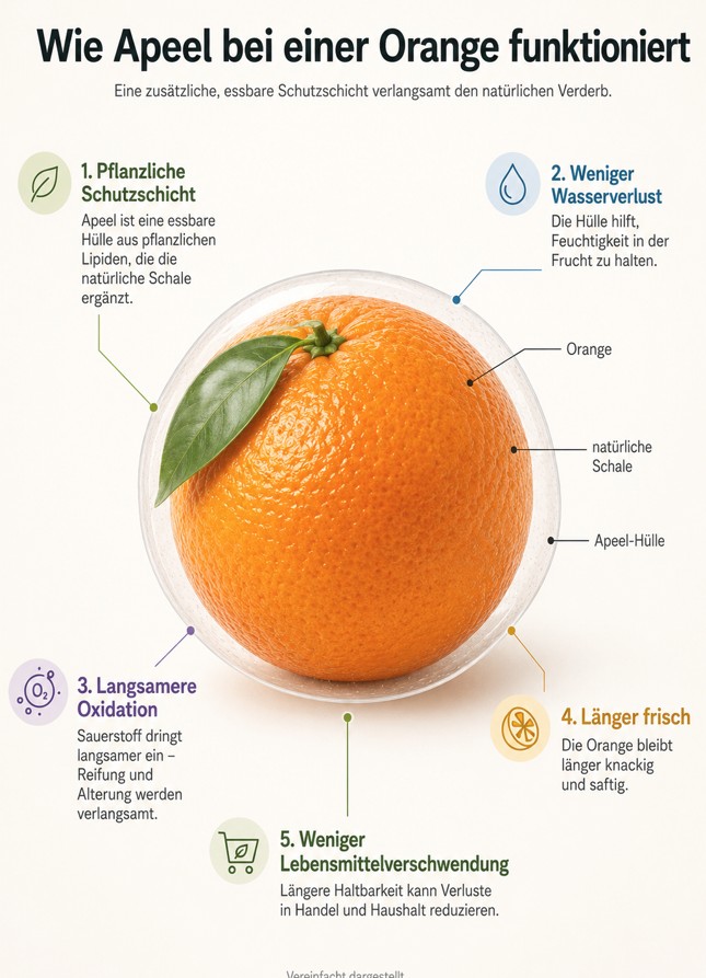Die Funktionsweise von Apeel ist einfach: Eine weitere Hülle für die Schale der Orange mit entsprechenden Vorteilen